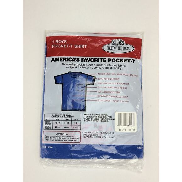 Vintage 1987 Fruit Of The Loom Boys Blue Front Pocket Tshirt Made In The USA New - Picture 2 of 2